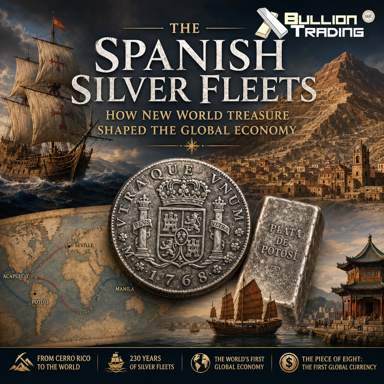 Spanish galleons sailing across the sea in formation