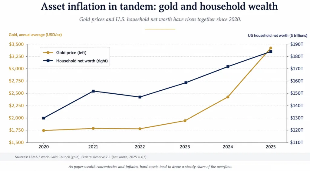 Gold price versus US household net worth and asset inflation 2020 to 2026