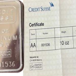 10 oz Credit Suisse Platinum Bar Secondary Market With Assay 10 oz Credit Suisse platinum bar with assay card