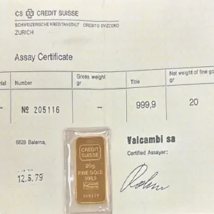 20 Gram Vintage Gold Bar Credit Suisse (Assay) 20 Gram Vintage Gold Bar Credit Suisse (Assay)