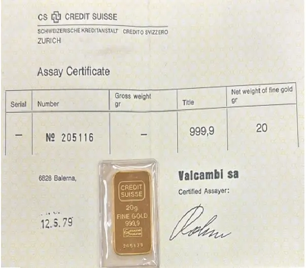 20 Gram Vintage Gold Bar Credit Suisse (Assay) - Image 3