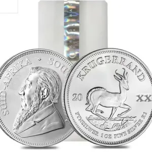 South African 1 oz Silver Krugerrand Coins Tube of 25 Random Years BU South African 1 oz Silver Krugerrand Coins Tube of 25 Random Years BU