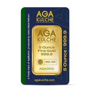 Gold Bar, 5 Troy Ounce, .9999 Pure in Assay Package AGA Kulche Secondary Market Gold Bar, 5 Troy Ounce, .9999 Pure in Assay Package AGA Kulche Secondary Market