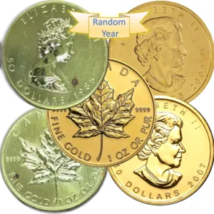 1 oz Canadian Maple Leaf Gold Coin .999 or .9999 Random Year (Abrasions/Marks) 1 oz Canadian Gold Maple Leaf coin with visible abrasions and marks