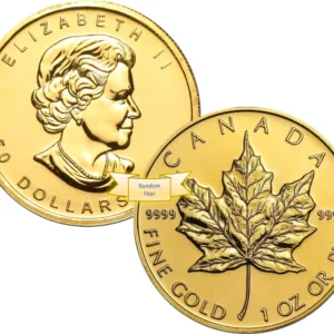 1 oz Canadian Gold Maple Leaf Coin .9999 Fine - Random Year 1 oz Canadian Gold Maple Leaf Coin showing obverse and reverse