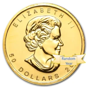 1 oz Canadian Gold Maple Leaf Coin .9999 Fine - Random Year 1 oz Canadian gold Maple Leaf coin obverse with Queen Elizabeth II