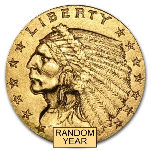 $2.50 Indian Gold Quarter Eagle AU Random Year 0.1209 oz United States Indian Gold Quarter Eagle Random Year - .900 Fine Gold - US Mint AU (Almost Uncirculated) Front.