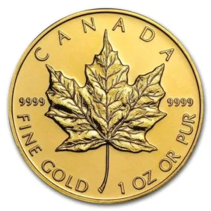 1 oz Canadian Gold Maple Leaf Coin .9999 Fine - Random Year 1 oz Canadian gold Maple Leaf coin reverse with radial lines