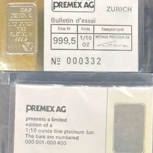 1/10th Oz Platinum Bar Premex Ag Rare Limited edition W Assay 1/10 oz platinum Premex AG bar with assay card